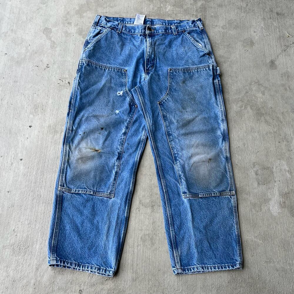 Carhartt faded denim blue jean double knee work wear carpenter pants